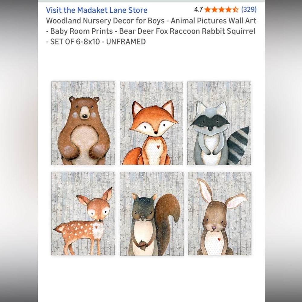 ⭐️3/$20 Woodland Animal Nursery Wall Art Set